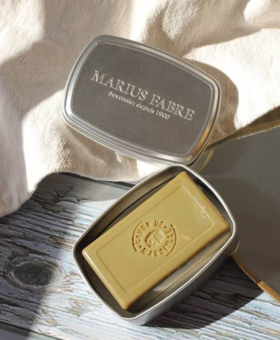 Compre lo auténtico Jabón de Marsella de aceite de oliva de 100 g y caja de aluminio